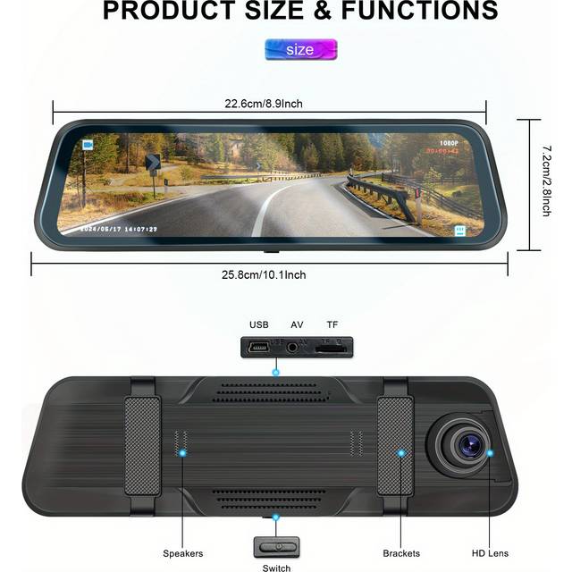 TEMU Podofo 9.66" , 1080p Touchscreen Rear View Mirror Front And Rear View Dual Cameras, , , Loop Recording, Parking Assistance, 24h Parking Monitor, Hd Backup Camera