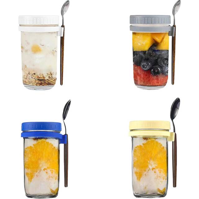 (600ml, 4pcs) Big Discount Oatmeal Smoothie Jar Glass Cereal Container Go Salad Containers Lid Overnight Oats Jars With Lids And Spoons