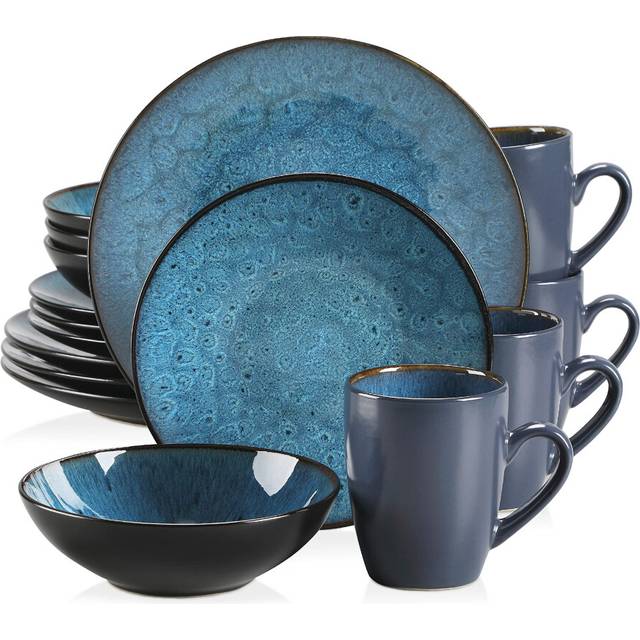 vancasso Bubble Blue Dinner Set, Reactive Glaze Dinnerware Tableware, 16-Piece Dinner Service with 11in Plate, 8in Dessert Plate, 7in Bowl and 380ml