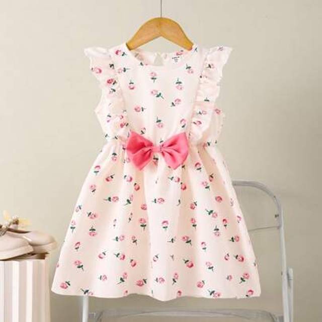 Ung flicka blommiga tryck volang trim rosett accentklänning, sommar - Multifärgad (6Y,7Y,4Y,5Y)