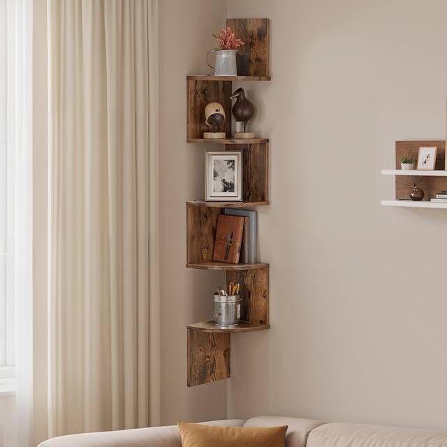 TEMU Corner Shelf Wall Mount, 5-tier Floating Corner Bookshelf, Plant Shelf For Bedroom, Living Room, Bathroom, Home Office, Modern Design, Space-saving Storage, Particleboard Construction