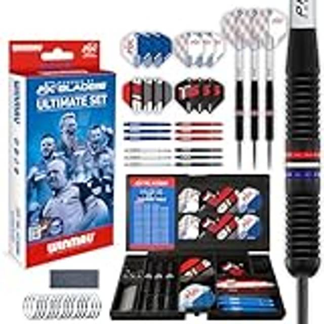 WINMAU Darts – PDC Ultimate Set – 22 g stålspets professionell mässing dartset och tillbehör – inkluderar dartflygningar, axlar, punktvässare och svart transparent plastturneringsfodral