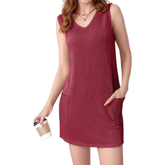 V Neck Sleeveless Sundresses Wine Red M