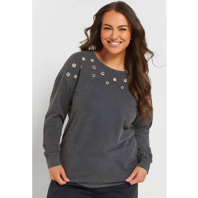 Yours Curve Grey Acid Wash Eyelet Sweatshirt, Women's Curve & Plus Size, Yours - 26-28