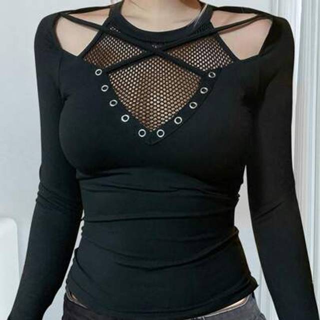 INAWLY Spring/Summer New Punk Dark Eyelet Fishnet Hollow Out Long Sleeve T-Shirt Women Fitted Short Crop Top With Design