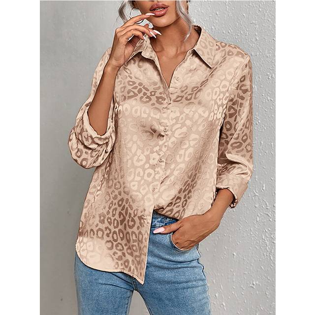(Khaki, M) Women Leopard Print Luxury Blouse Spring Summer Long Sleeve Lapen Vintage Button Up Shirt Office Lady Satin Tunics Harajuku Top