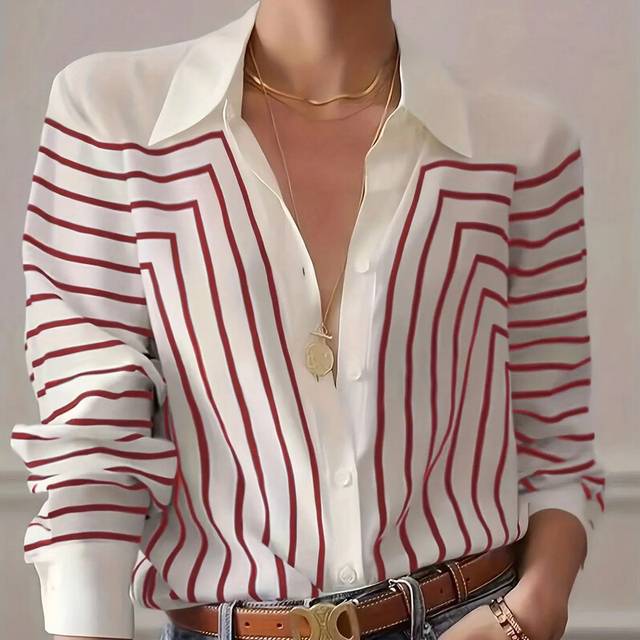 (B25SHH245614211, S) Spring Summer Women's Oversized Shirt Blouse-Black & White Linear Print Button Down Tops,Casual street style Stretch Blouse