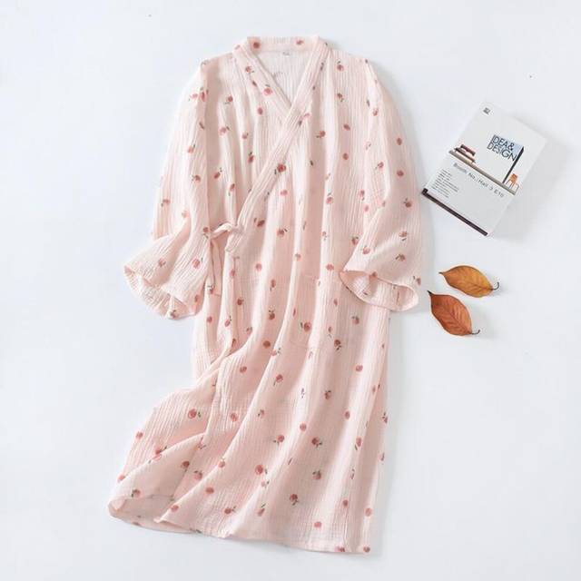 (pink, M) Japanese Kimono Spring And Autumn Ladies Cotton Crepe Cloth Nightgown Pajamas Bathrobe Household Clothes Spring And Summer Robe
