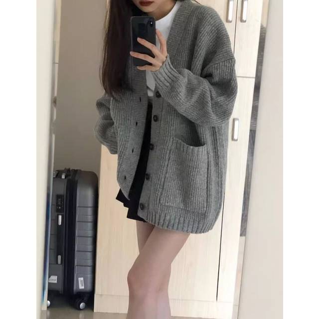 (Grey cardigan, S) New Maillard wear retro green knitted sweater cardigan