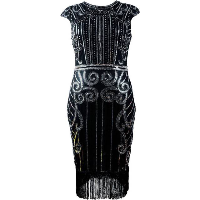 (XXL, Black-Silver) Hot Sale-josephine Vintage Dress  Great Gatsby Retro Dress 1920s Flapper Dress Cocktail Women Dress