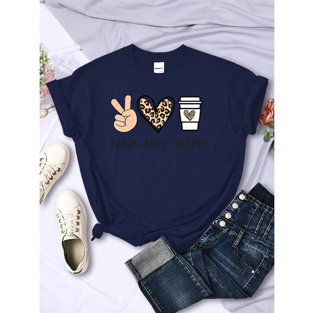 (Dark Blue, L) Peace Love Coffee Prints Women Tshirts Cotton High Quality T-Shirts Brand Breathable Tees Shirts Street O-Neck Tshirt For Women