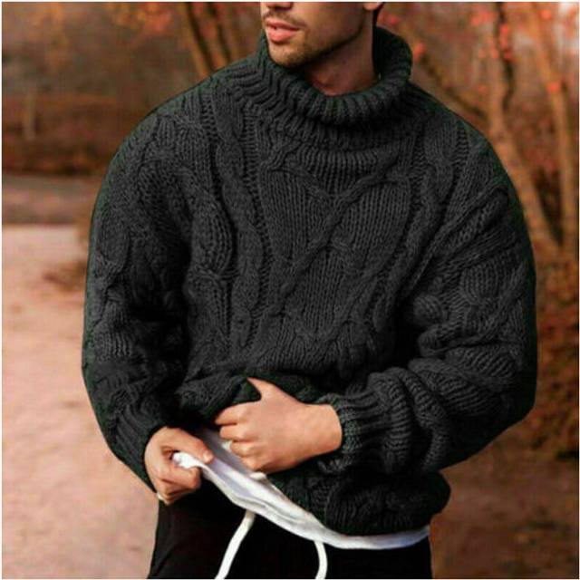 (Black, L) New Men's Winter Thick Knitted Sweater Round Neck Hoodie UK Hot