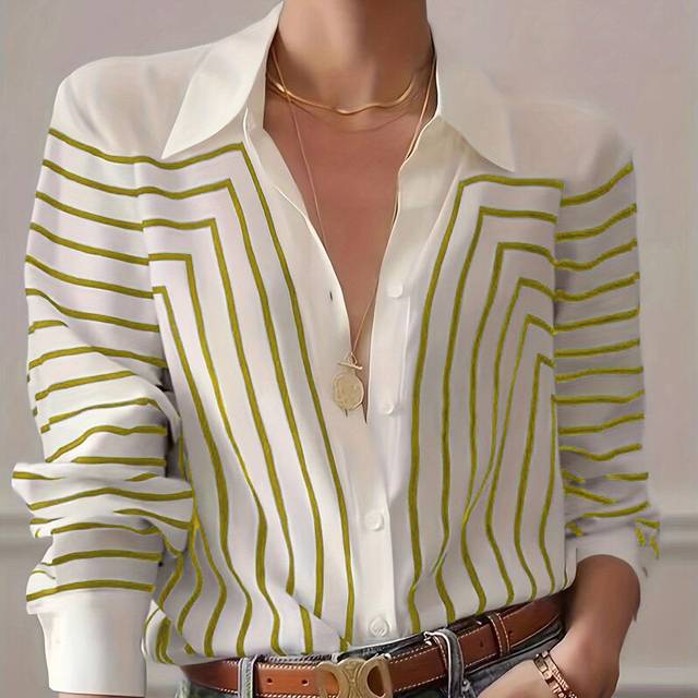 (B25SHH245614217, 3XL) Spring Summer Women's Oversized Shirt Blouse-Black & White Linear Print Button Down Tops,Casual street style Stretch Blouse