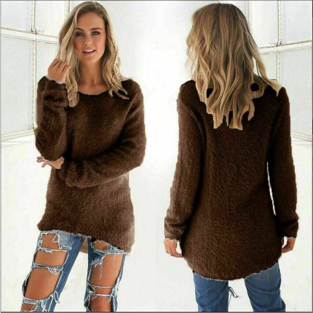 (Coffee, 2XL) Womens Winter Warm Sweater Fluffy Plain Jumper Ladies Casual Long Pullover Tops