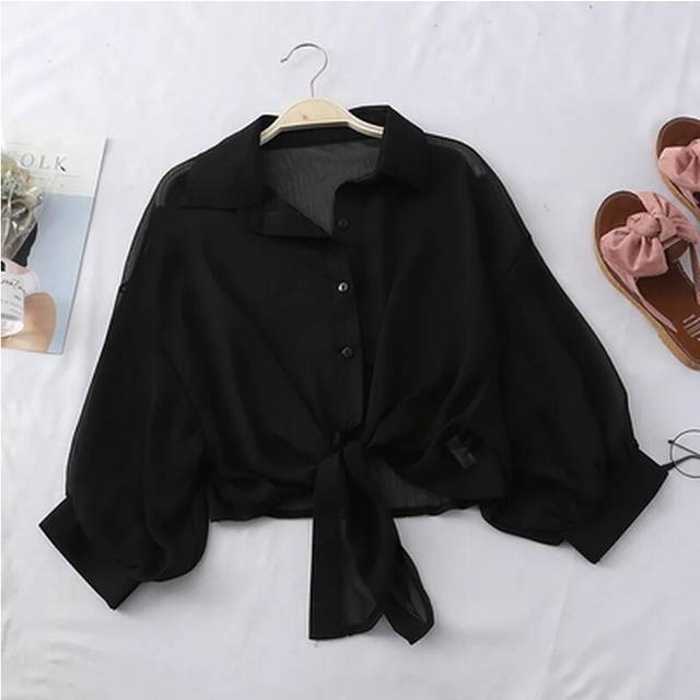 (black, XL) Casual Loose Hollow White Clothes Elegant Solid Color Tied Waist Blouse Women Summer Bat Half Sleeve Button Chiffon Shirt 9776