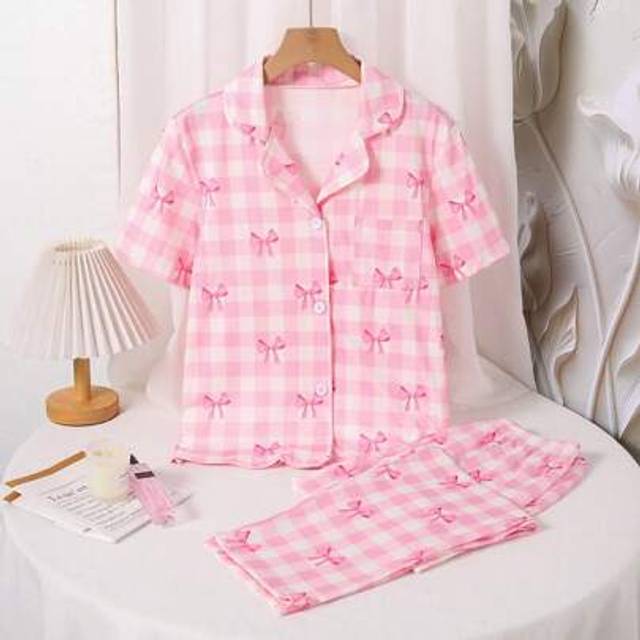 SHEIN Tween Girls Pajamas - Pink Knit Allover Print Bowknot Collar Cardigan Short Sleeve & Pants 2 Pieces Sleepwear Set, Casual And Comfortable