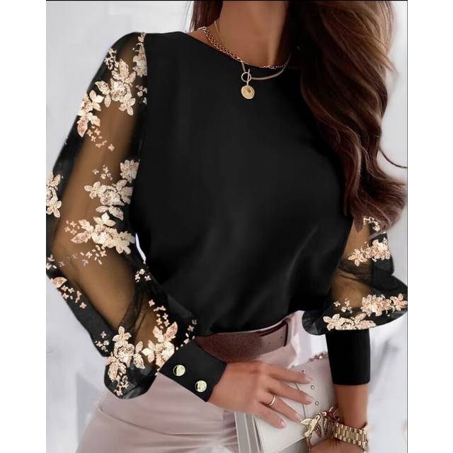 (Black, 2XL) Women Embroidery Floral Patchwork Blouse Shirts Spring Female O-Neck One Button Back Long Lantern Sleeve OL Blouse Tops