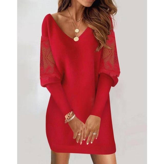 (red, M) Women's autumn new V-neck long sleeved printed lace patchwork dress with versatile temperament for women commuting