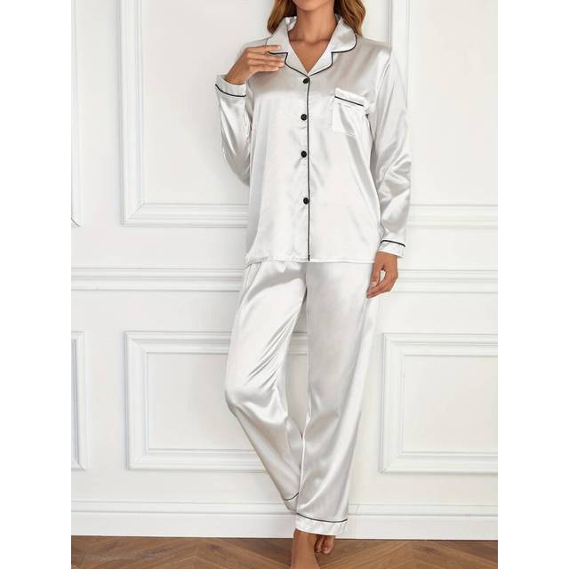 (White, M) Elegant Ladies Silk Satin Pyjamas PJS Pyjama Sleepwear Nightwear Long Sleeve Set