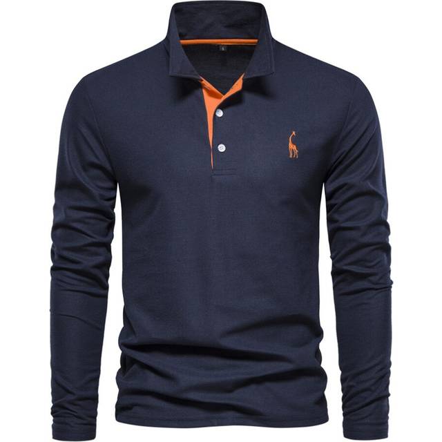 (navy blue, L) Mens Long Sleeve Polo Shirt Cotton Golf Giraffe Tops