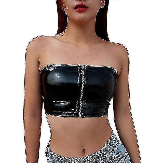 (L, black) 2025 Wholesale Womens Pu Leather Sleeveless Strapless Basic Sexy Tube Top