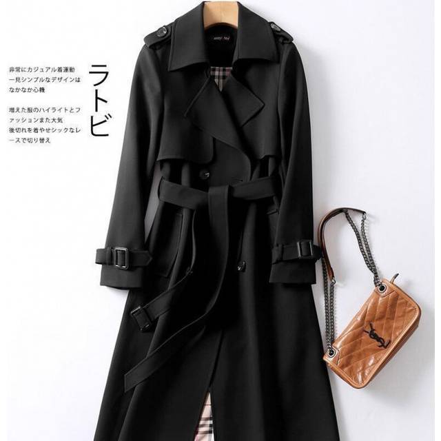 (black, L 131-145 catties) Women's Double Breasted Long Trench Coat Windproof Classic Lapel Belted*Overcoat