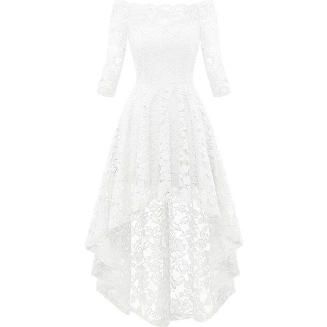 (L, White) Promotion 50%off Womens Vintage Off Shoulder Lace Dress Floral Full Lace High And Low Long Sleeve Party Cocktail A-line Swing Dresses Best