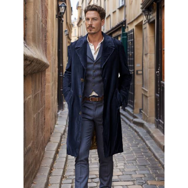 (Navy blue, Tag XL=UK L) Men's Corduroy Trench Coat French Business Overcoat Winter Warm Woolen Coat New