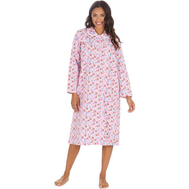(Pink, 22-24) Ladies Floral 100% Cotton Nightie Long Sleeved Nightdress Below Knee Classic Nightwear Collared Sleep Shirt Sizes Uk 10-24