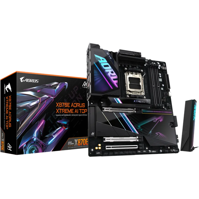 GIGABYTE X870E AORUS XTREME AI TOP Motherboard - Supports AMD Ryzen 9000 Series CPUs, 18+2+2 phases VRM, up to 8800MHz DDR5 (OC), 1xPCIe 5.0 M.2 + 3xPCIe 4.0 M.2, WI-FI 7, 10GbE LAN, USB 4