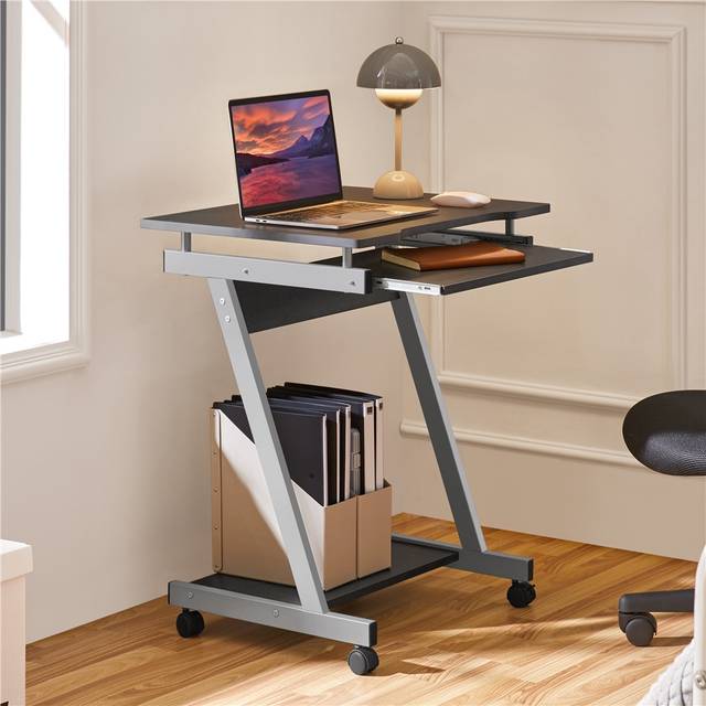 TEMU Yaheetech Computer Desk Z-shaped Mobile Computer Desk, Workstation Desk With Sliding Keyboard Tray, Pc Table With Priter Shelf, Rolling Office Study Table On Wheels, White/black