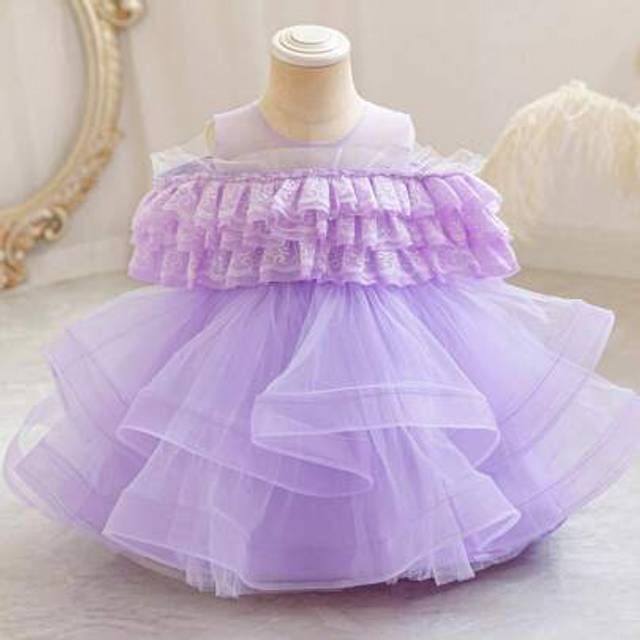 SHEIN Baby Girl Elegant Lace Contrast Mesh Off Shoulder Multilayer Ruffle Hem Cake Dress, Princess Dress, Purple, Suitable For Wedding Season, Party, Birthd