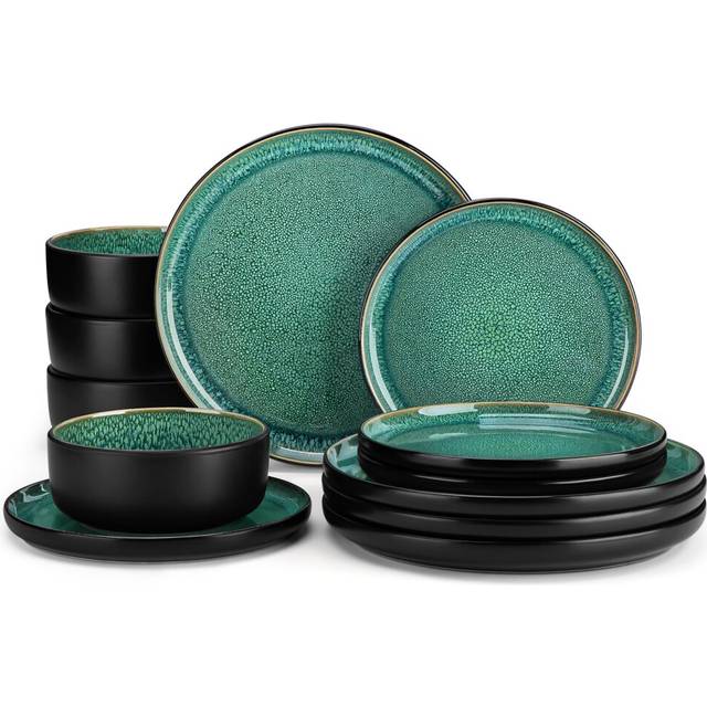 vancasso Playa Plates and Bowls Sets, 12 Pieces Stoneware Dinnerware Sets Dishes Set Modern Kitchen Dishware Sets Service for 4, Dishwasher and