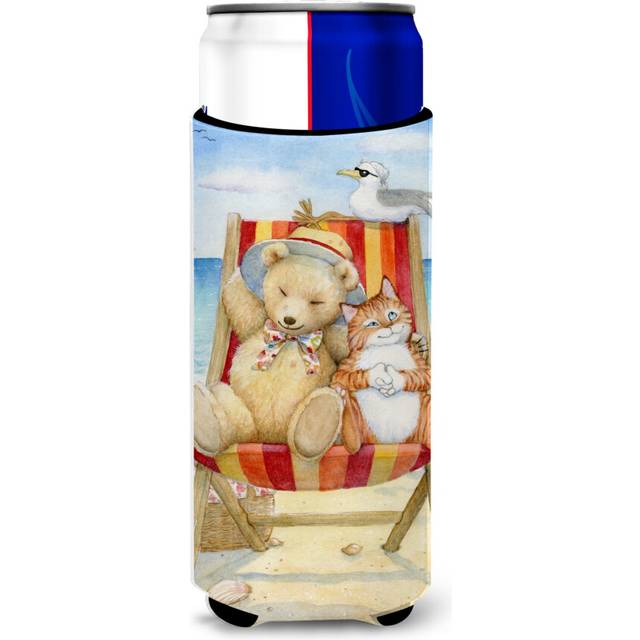 Caroline's Treasures CDCO0336MUK Summer Teddy Bear and Cat on Beach Ultra Beverage Insulators for Slim Cans  Multicolor