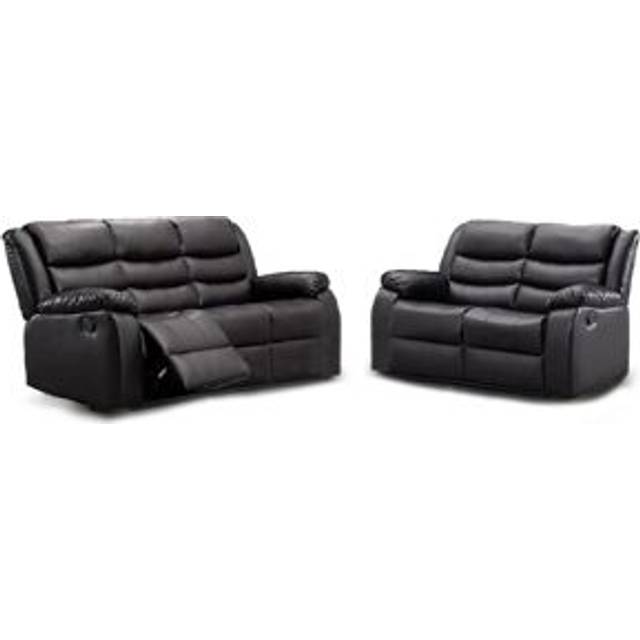 Venice 3 + 2 Black Leather Manual Reclining Sofa Suite - One Size