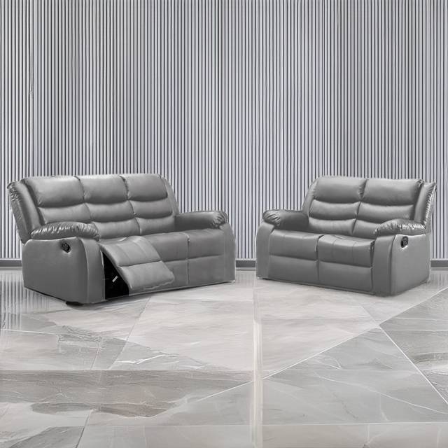 Venice 3 + 2 Grey Leather Manual Reclining Sofa Suite - One Size