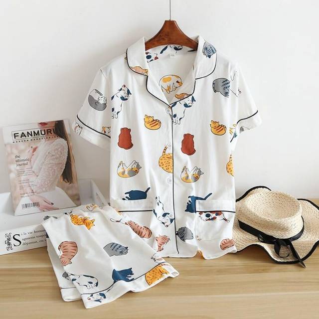 (as the picture, M) New 100% Cotton Short-sleeved Shorts Ladies Pajamas Set Cute Cartoon Pajamas Japanese Simple Short Pajamas Women Sleepwear