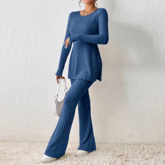 (Lake Blue, L = 10) Womens Winter Knitted Slim 2 Pieces Lounge Wear Casual Set Ladies Suit Tracksuit