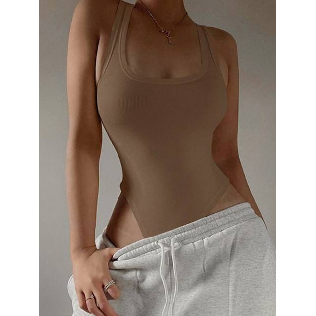 (Khaki, M) Sleeveless Knit Bodysuit Hot Summer Sexy Bodycon Off Shoulder Halter Tops Casual Street Bodice For Women ClubWear