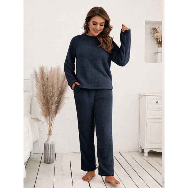 (Navy Blue, 16) Womens Fluffy Fleece Fur Tops Pants Pyjamas Nightwear Teddy Bear Pajamas Set UK