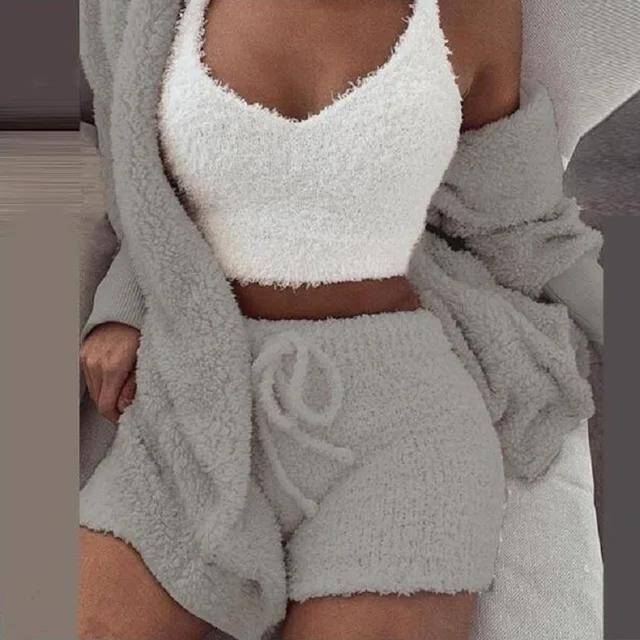 (3, XXL) Womens Fluffy 3-Piece Pajamas Set  Cozy Winter Sleepwear with Hoodie, Tank