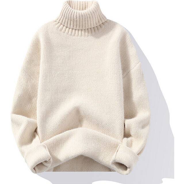 (Beige, XL) Mens Jumper Turtleneck Knitted Pullover Polo Neck Sweater Thick Warm Fashion UK