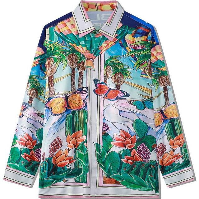 (CSWC20-CXU36, L) Vintage Beach Rainforest Print Button Down Shirt  Autumn Casual Long Sleeve Men's Cardigan Shirts Loose Holiday Clothing