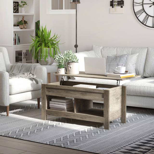 TEMU Lift Top Coffee Table W/ Hidden Storage Compartment Open Shelves Lift Tabletop Pop Up For Living Room Oak Effect