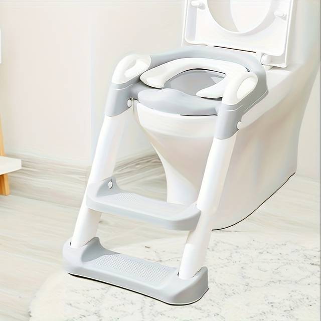 TEMU Grey Folding Potty Toilet Trainer Foldable Potty Training Seat With Non Slip Steps, Step Stool For Potty Training With Adjustable Height Ladder, Handle & Soft Cushion, Space Efficient