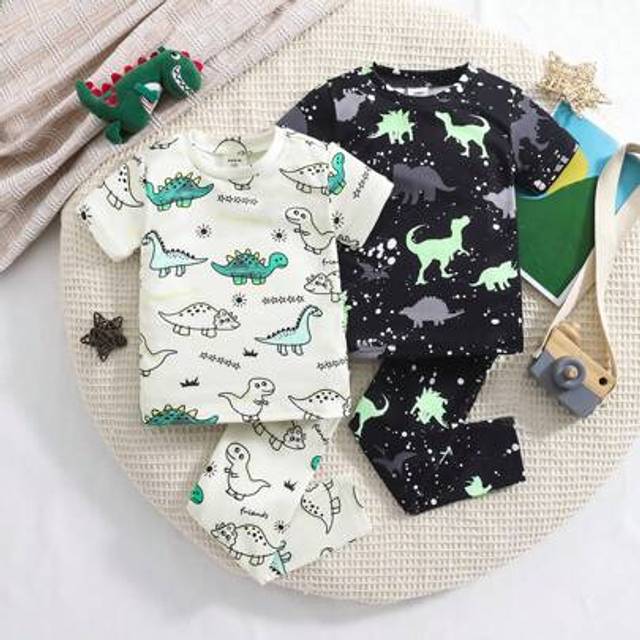 SHEIN Baby Boy Glow In Dark Cartoon Dinosaur Print Round Neck Short/Long Sleeve Soft Skin Snug Fit 4pcs Pajamas Set
