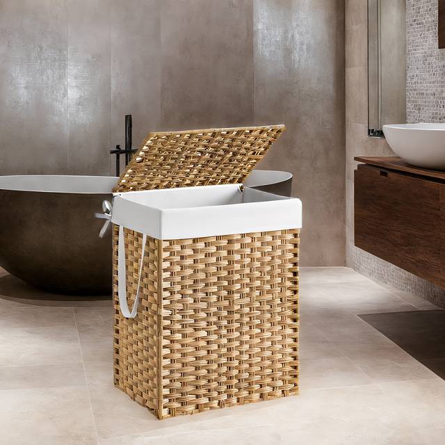 TEMU Laundry Hamper, Pp Rattan Clothes Laundry Basket With Lid And Handles, Foldable, Removable Liner