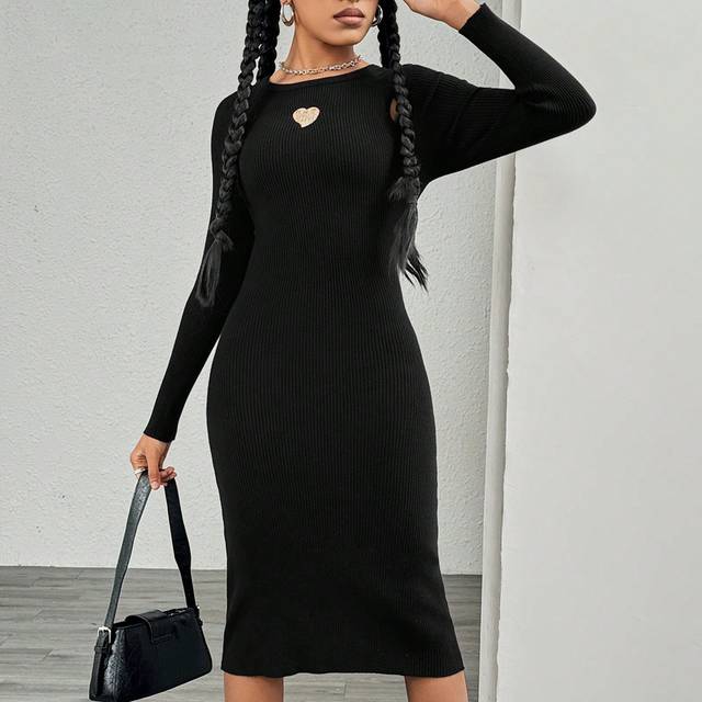 SHEIN Black Lace Heart Applique A-Line Knit Dress With Ribbed Hem For Teenage Girls, Suitable For Outings And Shopping
