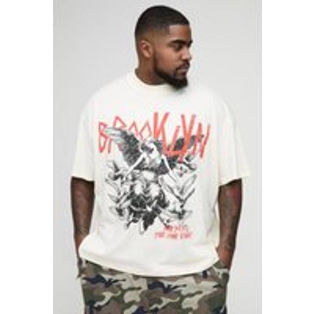Plus Oversized Extended Neck Gothic Brooklyn Print T-Shirt - Cream - 3XL