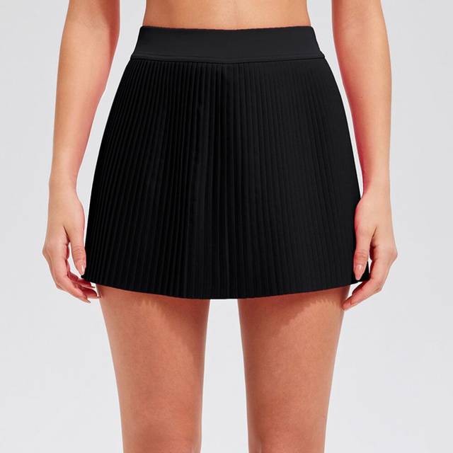 (Black, M) Summer Fashion Outdoor Casual Versatile Safety Lining Anti-lighting Pleated Sports Gloss Short Skirt